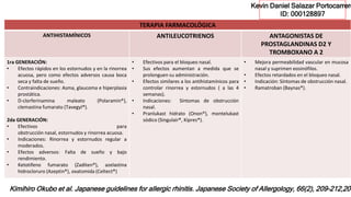 TERAPIA FARMACOLÓGICA
ANTIHISTAMÍNICOS ANTILEUCOTRIENOS ANTAGONISTAS DE
PROSTAGLANDINAS D2 Y
TROMBOXANO A 2
1ra GENERACIÓN:
• Efectos rápidos en los estornudos y en la rinorrea
acuosa, pero como efectos adversos causa boca
seca y falta de sueño.
• Contraindicaciones: Asma, glaucoma e hiperplasia
prostática.
• D-clorferinamina maleato (Polaramin®),
clemastina fumarato (Tavegyl®).
2da GENERACIÓN:
• Efectivos para
obstrucción nasal, estornudos y rinorrea acuosa.
• Indicaciones: Rinorrea y estornudos regular a
moderados.
• Efectos adversos: Falta de sueño y bajo
rendimiento.
• Ketotifeno fumarato (Zaditen®), azelastina
hidrocloruro (Azeptin®), oxatomida (Celtect®)
• Efectivos para el bloqueo nasal.
• Sus efectos aumentan a medida que se
prolonguen su administración.
• Efectos similares a los antihistamínicos para
controlar rinorrea y estornudos ( a las 4
semanas).
• Indicaciones: Síntomas de obstrucción
nasal.
• Pranlukast hidrato (Onon®), montelukast
sódico (Singulair®, Kipres®).
• Mejora permeabilidad vascular en mucosa
nasal y suprimen eosinófilos.
• Efectos retardados en el bloqueo nasal.
• Indicación: Síntomas de obstrucción nasal.
• Ramatroban (Baynas®).
Kimihiro Okubo et al. Japanese guidelines for allergic rhinitis. Japanese Society of Allergology, 66(2), 209-212,201
Kevin Daniel Salazar Portocarrero
ID: 000128897
 