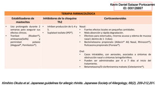 TERAPIA FARMACOLÓGICA
Estabilizadores de
mastocitos
Inhibidores de la citoquina
Th2
Corticoesteroides
• Uso prolongado durante 2
semanas para asegurar sus
efectos clínicos.
• Tranilast (Rizaben®),
amlexanox(Solfa) y
pemirolast potasio
(Alegysal®, Pemilaston®).
• Inhiben producción de IL-4 y
5.
• Suplatast tosilato (IPD®).
Nasal:
• Fuertes efectos locales en pequeñas cantidades.
• Mala absorción y rápida degradación.
• Efectivos para estornudos, rinorrea acuosa y edema de mucosa
nasal ( dentro de 1 -3 días).
• Beclometasona propionato (Aldecin® AQ Nasal, Rhinocort®),
fluticasona propionato (Flunase®).
Oral:
• Casos intratables, con aerosoles, asociados a síntomas de
obstrucción nasal o síntomas laringofarínfeos.
• Pueden ser administrados por 4 a 7 días al inicio del
tratamiento.
• Betametasona/D-clorfeniramina maleato (Celestamine®).
Kimihiro Okubo et al. Japanese guidelines for allergic rhinitis. Japanese Society of Allergology, 66(2), 209-212,2017
Kevin Daniel Salazar Portocarrero
ID: 000128897
 
