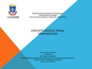 REPUBLICA BOLIVARIANA DE VENEZUELA
UNIVERSIDAD YACAMBU
FACULTAD DE CIENCIAS JURIDICAS Y POLITICAS
CIRCUITO JUDICIAL PENAL
ORGANIZACION
GUILLERMO GUERRA
CI: 18897719
EXP: CJP-081-00805V
PROCEDIMIENTOS PENALES ESPECIALES Y SIMULACION DE AUDIENCIA
PROF. ELEANA SANTANDER LADERA
16 DE JULIO DE 2016
 