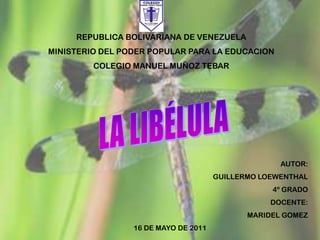 REPUBLICA BOLIVARIANA DE VENEZUELA MINISTERIO DEL PODER POPULAR PARA LA EDUCACION COLEGIO MANUEL MUÑOZ TEBAR LA LIBÉLULA AUTOR: GUILLERMO LOEWENTHAL 4º GRADO DOCENTE: MARIDEL GOMEZ 16 DE MAYO DE 2011 