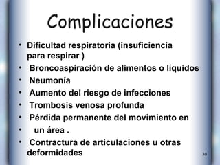 Complicaciones Dificultad respiratoria (insuficiencia  para respirar )  Broncoaspiración de alimentos o líquidos Neumonía  Aumento del riesgo de infecciones  Trombosis venosa profunda Pérdida permanente del movimiento en un área .  Contractura de articulaciones u otras  deformidades 