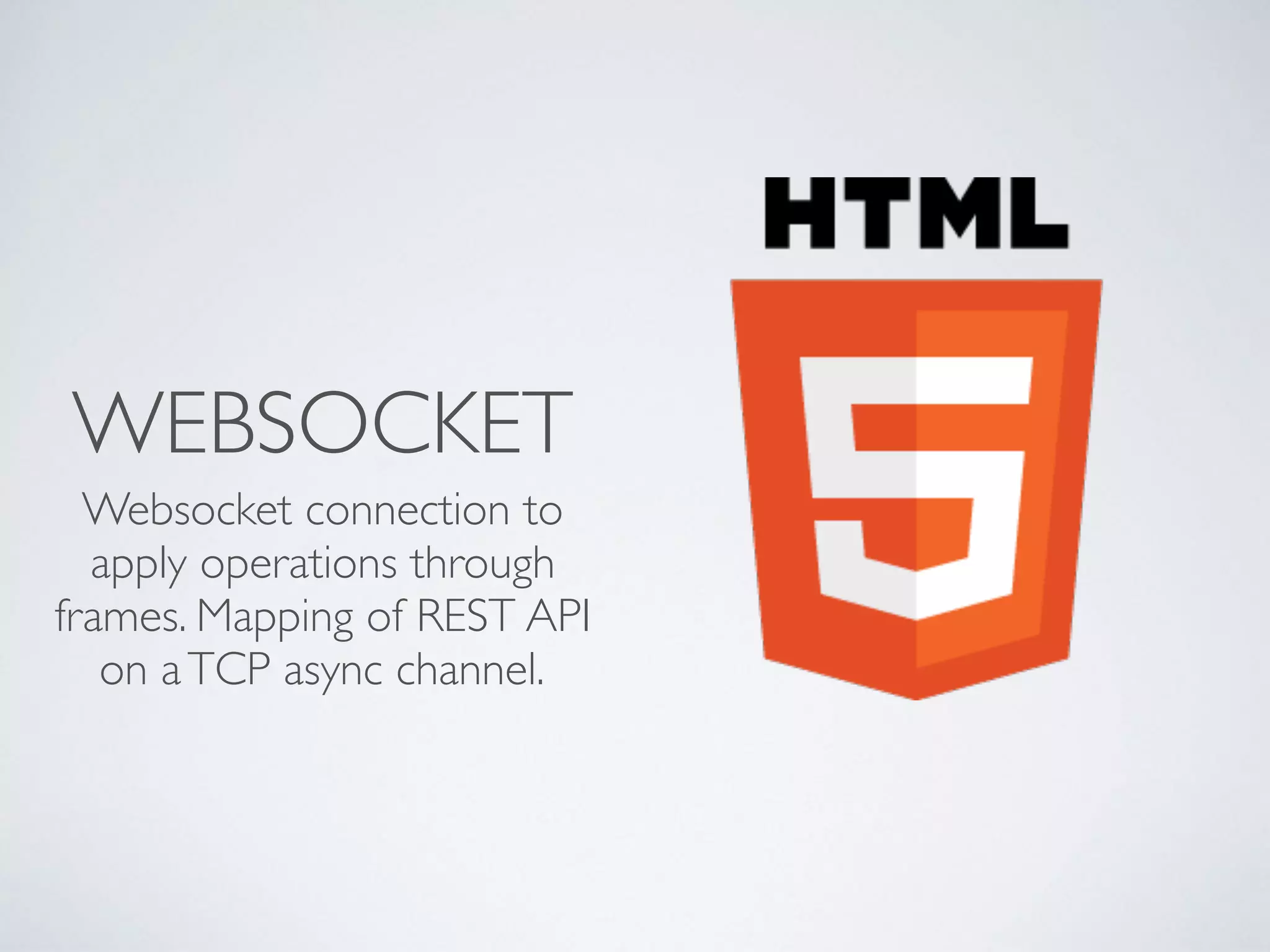 WEBSOCKET
Websocket connection to
apply operations through
frames. Mapping of REST API
on aTCP async channel.
 