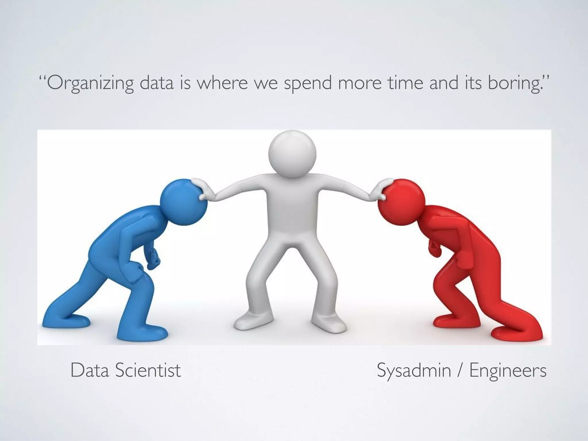 “Organizing data is where we spend more time and its boring.”
Data Scientist Sysadmin / Engineers
 