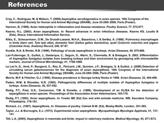 References
Cray, C., Rodriguez, M. & Watson, T. (2006) Aspergillus serodiagnostics in avian species. 16th Congress of the
International Society for Human and Animal Mycology (ISHAM), June 25-29th 2006, Paris (Poster).
Harmon, B. (1998). Avian heterophils in inflammation and disease resistance. Poultry Science, 77, 972-977.
Kearns, K.L. (2003). Avian aspergillosis. In: Recent advances in avian infectious diseases. Kearns KS, Loudis B
(Eds). Ithaca, International Information Service.
Klika, E., Scheuermann, D.W., De Groodt-Lasseel, M.H.A., Bazantova, I. & Switka, A. (1996). Pulmonary macrophages
in birds (barn owl, Tyto tyto alba), domestic fowl (Gallus gallus domestica), quail (Coturnix coturnix) and pigeon
(Columbia livia). Anatomy Record, 246, 87-97.
Kunkle, R.A. & Rimler, R.B. (1996). Pathology of acute aspergillosis in turkeys. Avian Diseases, 40, 875-886.
Lair-Fulleringer, S., Guillot, J., Desterque, C., Seguin, D., Warin, S., Chermette, R. & Bretagne, S. 2003. Differentiation
of Aspergillus fumigatus isolates from breeding turkeys and their environment by genotyping with microsatellite
markers. Journal of Clinical Microbiology, 41, 1798-1800.
Le Loc’h, G., Arné, P., Bougerol, C., Risi, E., Péricard, J.M., Quinton, J.F., Bretagne, S. & Guillot, J. (2006) Detection of
circulating serum galactomannan for the diagnosis of avian aspergillosis. 16th Congress of the International
Society for Human and Animal Mycology (ISHAM), June 25-29th 2006, Paris (Poster).
Morris, M.P. & Fletcher, O.J. (1988). Disease prevalence in Georgia turkey flocks in 1986. Avian Diseases, 32, 404-406.
Peden, W.M. & Rhoades, K.R. (1992). Pathogenicity differences of multiple isolates of Aspergillus fumigatus in
turkeys. Avian Diseases, 36, 537-542.
Redig, P.T., Post, G.S., Concannon, T.M. & Dunette, J. (1986). Development of an ELISA for the detection of
aspergillosis in avian species. Proceedings of the Association Avian Veterinarians, 165-178.
Redig, P.T. (1993). Avian aspergillosis. In: Fowler ME (Ed) Zoo and wild animals medicine. WB. Saunders Company,
Philadelphia, 178-181.
Richard, J.L. (1997). Aspergillosis. In: Diseases of poultry. Calmek B.W. (Ed), Mosby-Wolfe, London, 351-365.
Taylor, J.J. & Burroughs, E.J. (1973). Experimental avian aspergillosis. Mycopathologia Mycologia Applicata, 51, 131-
141.
Tell, L.A. (2005). Aspergillosis in mammals and birds: impact in veterinary medicine. Medical Mycology, 43, S71-S73.
 