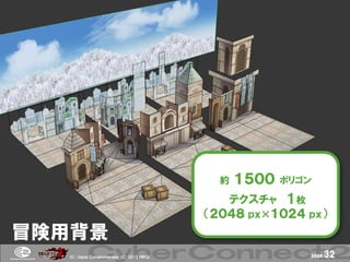 約   １５００   ポリゴン

                                            テクスチャ １枚
                                         （２０４８ ｐｘ×１０２４ ｐｘ）
冒険用背景
  (Ｃ) .ｈａｃｋ Ｃｏｎｇｌｏｍｅｒａｔｅ (Ｃ) 2012 ＮＢＧＩ                   page.   32
 