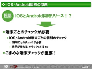 ❖ ｉＯＳ/Ａｎｄｒｏｉｄ固有の問題


問題 ｉＯＳとＡｎｄｒｏｉｄ同時リリース！？
PROBLEM




 端末ごとのチェックが必要
   ｉＯＳ/Ａｎｄｒｏｉｄ端末ごとの個別のチェック
         ＧＰＵごとのチェックが必要
         表示が崩れる、クラッシュする など

 こまめな端末チェックが重要！


            (Ｃ) .ｈａｃｋ Ｃｏｎｇｌｏｍｅｒａｔｅ (Ｃ) 2012 ＮＢＧＩ   page.   46
 