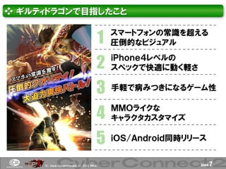 ❖ ギルティドラゴンで目指したこと


                                        1   スマートフォンの常識を超える
                                            圧倒的なビジュアル

                                        2   ｉＰｈｏｎｅ４レベルの
                                            スペックで快適に動く軽さ

                                        3   手軽で病みつきになるゲーム性


                                        4   ＭＭＯライクな
                                            キャラクタカスタマイズ

                                        5   ｉＯＳ/Ａｎｄｒｏｉｄ同時リリース


     (Ｃ) .ｈａｃｋ Ｃｏｎｇｌｏｍｅｒａｔｅ (Ｃ) 2012 ＮＢＧＩ                   page.   7
 