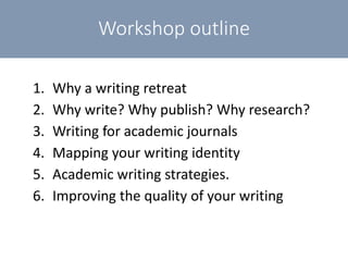 Workshop outline
1. Why a writing retreat
2. Why write? Why publish? Why research?
3. Writing for academic journals
4. Mapping your writing identity
5. Academic writing strategies.
6. Improving the quality of your writing
 