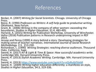 References
Becker, H. (2007) Writing for Social Scientists. Chicago. University of Chicago
Press.
Boice, R. (1990) Professors as Writers: A self-help guide to productive writing.
Oklahoma. New Forum.
Grant, B. (2006) Writing in the company of other women: exceeding the
boundaries, Studies in Higher Education, 31:4, 483-495.
Harland, A. (2015) Writing for Publication Workshop, University of Winchester.
Hefce (2016) Publication patterns in Research underpinning impact in REF
2014.
Jessop and Penny (1999) A story behind a story: Developing strategies for
making sense of teacher narratives. International Journal of Social Research
Methodology. 2:3. 213-230.
Richardson, L. (1990) Writing Strategies: reaching diverse audiences. Thousand
Oaks. California. Sage.
Sword, H. (2017) Air & Light & Time & Space: How successful academics write.
Cambridge MA. Harvard University Press.
Sword, H. (2013) Stylish Academic Writing. Cambridge. MA. Harvard University
Press.
Sword, H. (2013) https://www.youtube.com/watch?v=nQsRvAVSVeM
Sword, H. (2009) Writing higher education differently: a manifesto on style,
Studies in Higher Education, 34:3, 319-336.
 