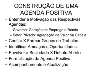 CONSTRUÇÃO DE UMA
       AGENDA POSITIVA
• Entender a Motivação das Respectivas
  Agendas:
    – Governo: Geração de Emprego e Renda
    – Setor Privado: Agregação de Valor na Cadeia
•   Confiar X Formar Grupos de Trabalho
•   Identificar Ameaças e Oportunidades
•   Envolver a Sociedade X Debate Aberto
•   Formalização da Agenda Positiva
•   Acompanhamento e Atualização
 