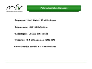 Polo Industrial de Camaçari




• Empregos: 15 mil diretos; 30 mil indiretos


• Faturamento: US$ 15 bilhões/ano


• Exportações: US$ 2,3 bilhões/ano


• Impostos: R$ 1 bilhão/ano em ICMS (BA)


• Investimentos sociais: R$ 16 milhões/ano
 