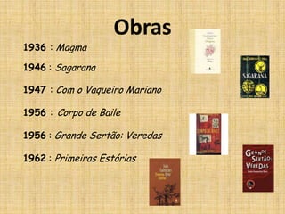 Obras 1936 : Magma1946 : Sagarana1947 : Com o Vaqueiro Mariano1956 :Corpo de Baile1956 : Grande Sertão: Veredas1962 : Primeiras Estórias