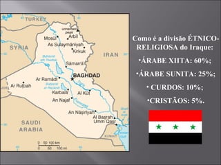 Como é a divisão ÉTNICO-RELIGIOSA do Iraque:  ÁRABE XIITA: 60%;  ÁRABE SUNITA: 25%; CURDOS: 10%;  CRISTÃOS: 5%. 