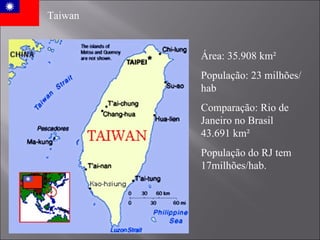 Área: 35.908 km² População: 23 milhões/hab Comparação: Rio de Janeiro no Brasil 43.691 km² População do RJ tem 17milhões/hab. Taiwan 