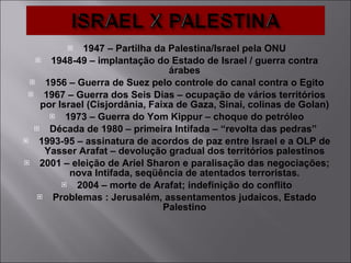 1947 – Partilha da Palestina/Israel pela ONU 1948-49 – implantação do Estado de Israel / guerra contra árabes 1956 – Guerra de Suez pelo controle do canal contra o Egito 1967 – Guerra dos Seis Dias – ocupação de vários territórios por Israel (Cisjordânia, Faixa de Gaza, Sinai, colinas de Golan) 1973 – Guerra do Yom Kippur – choque do petróleo Década de 1980 – primeira Intifada – “revolta das pedras”  1993-95 – assinatura de acordos de paz entre Israel e a OLP de Yasser Arafat – devolução gradual dos territórios palestinos 2001 – eleição de Ariel Sharon e paralisação das negociações; nova Intifada, seqüência de atentados terroristas. 2004 – morte de Arafat; indefinição do conflito Problemas : Jerusalém, assentamentos judaicos, Estado Palestino 