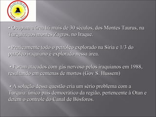 •  Ocupam a área há mais de 30 séculos, dos Montes Taurus, na Turquia, aos montes Zagros, no Iraque. •   Praticamente todo o petróleo explorado na Síria e 1/3 do petróleo iraquiano é explorado nessa área. •   Foram atacados com gás nervoso pelos iraquianos em 1988, resultando em centenas de mortos (Gov S. Hussem) •   A solução dessa questão cria um sério problema com a Turquia: único país democrático da região, pertencente à Otan e detém o controle do Canal de Bósforos. 