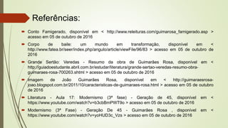 Referências:
 Conto Famigerado, disponível em < http://www.releituras.com/guimarosa_famigerado.asp >
acesso em 05 de outubro de 2016
 Corpo de baile: um mundo em transformação, disponível em <
http://www.fatea.br/seer/index.php/angulo/article/viewFile/96/83 > acesso em 05 de outubro de
2016
 Grande Sertão: Veredas - Resumo da obra de Guimarães Rosa, disponível em <
http://guiadoestudante.abril.com.br/estudar/literatura/grande-sertao-veredas-resumo-obra-
guimaraes-rosa-700263.shtml > acesso em 05 de outubro de 2016
 Imagem de João Guimarães Rosa, disponível em < http://guimaraesrosa-
joao.blogspot.com.br/2011/10/caracteristicas-de-guimaraes-rosa.html > acesso em 05 de outubro
de 2016
 Literatura - Aula 17: Modernismo (3ª fase) - Geração de 45, disponível em <
https://www.youtube.com/watch?v=b3cbBmPWT9o > acesso em 05 de outubro de 2016
 Modernismo (3ª Fase) - Geração De 45 - Guimarães Rosa , disponível em <
https://www.youtube.com/watch?v=yoHUD3c_Vzs > acesso em 05 de outubro de 2016
 