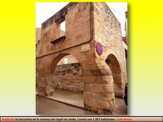 Anglesola se encuentra en la comarca de Urgell de Lleida. Cuenta con 1.351 habitantes. Calle Mayor.
 