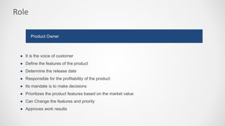 Role
● It is the voice of customer
● Define the features of the product
● Determine the release date
● Responsible for the profitability of the product
● Its mandate is to make decisions
● Prioritizes the product features based on the market value
● Can Change the features and priority
● Approves work results
Product Owner
 