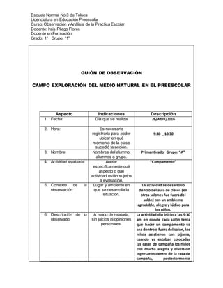 Escuela Normal No.3 de Toluca
Licenciatura en Educación Preescolar
Curso: Observación y Análisis de la Practica Escolar
Docente: Irais Pliego Flores
Docente en Formación:
Grado: 1° Grupo: “1”
GUIÓN DE OBSERVACIÓN
CAMPO EXPLORACIÓN DEL MEDIO NATURAL EN EL PREESCOLAR
Aspecto Indicaciones Descripción
1. Fecha: Día que se realiza 26/Abril/2016
2. Hora: Es necesario
registrarla para poder
ubicar en qué
momento de la clase
sucedió la acción.
9:30 _ 10:30
3. Nombre Nombres del alumno,
alumnos o grupo.
Primer Grado Grupo: “A”
4. Actividad evaluada: Anotar
específicamente qué
aspecto o qué
actividad están sujetos
a evaluación.
“Campamento”
5. Contexto de la
observación:
Lugar y ambiente en
que se desarrolla la
situación.
La actividad se desarrollo
dentro del aula de clases (en
otros salones fue fuera del
salón) con un ambiente
agradable, alegre y lúdico para
los niños.
6. Descripción de lo
observado
A modo de relatoría,
sin juicios ni opiniones
personales.
La actividad dio inicio a las 9:30
am en donde cada salón tenia
que hacer un campamento ya
sea dentroo fueradel salón, los
niños asistieron con pijama,
cuando ya estaban colocadas
las casas de campaña los niños
con mucha alegría y diversión
ingresaron dentro de la casa de
campaña, posteriormente
 