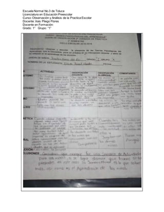 Escuela Normal No.3 de Toluca
Licenciatura en Educación Preescolar
Curso: Observación y Análisis de la Practica Escolar
Docente: Irais Pliego Flores
Docente en Formación:
Grado: 1° Grupo: “1”
 