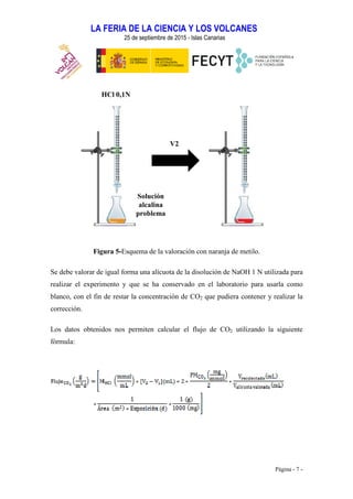 LA FERIA DE LA CIENCIA Y LOS VOLCANES
25 de septiembre de 2015 - Islas Canarias
Página - 7 -
HCl 0,1N
Solución
alcalina
problema
V2
Figura 5-Esquema de la valoración con naranja de metilo.
Se debe valorar de igual forma una alícuota de la disolución de NaOH 1 N utilizada para
realizar el experimento y que se ha conservado en el laboratorio para usarla como
blanco, con el fin de restar la concentración de CO2 que pudiera contener y realizar la
corrección.
Los datos obtenidos nos permiten calcular el flujo de CO2 utilizando la siguiente
fórmula:
 