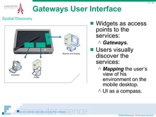 Gateways User Interface Widgets as access points to the services: Gateways. Users visually discover the services: Mapping  the user’s view of his environment on the mobile desktop. UI as a compass.  / 35 Spatial Discovery 