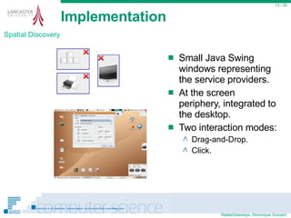 Implementation Small Java Swing windows representing the service providers. At the screen periphery, integrated to the desktop. Two interaction modes: Drag-and-Drop. Click.  / 35 Spatial Discovery 