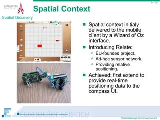 Spatial Context Spatial context initialy delivered to the mobile client by a Wizard of Oz interface. Introducing Relate: EU-founded project. Ad-hoc sensor network. Providing relative positioning. Achieved: first extend to provide real-time positioning data to the compass UI.  / 35 Spatial Discovery 