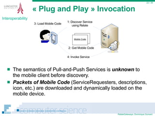 « Plug and Play » Invocation The semantics of Pull-and-Push Services is  unknown  to the mobile client before discovery. Packets of Mobile Code  (ServiceRequesters, descriptions, icon, etc.) are downloaded and dynamically loaded on the mobile device.   / 35 Interoperability 