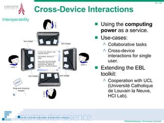 Cross-Device Interactions  Using the  computing power  as a service. Use-cases: Collaborative tasks Cross-device interactions for single user. Extending the EBL toolkit: Cooperation with UCL (Université Catholique de Louvain la Neuve, HCI Lab).  / 35 Interoperability 