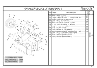 CÓDIGO DESCRIMINAÇÃOITEM
9
TODOS
01
02
03
04
05
06
07
08
09
10
11
12
13
01
02
03
04
05
06
08
07
Pá da caçamba ......................................................
Cilindro hid. 2.1/2" x 1.1/4" curso 266 mm ............
Suporte de articulação da pá .................................
Braço de articulação ..............................................
Suporte de fixação da caçamba.............................
Pino Cab redonda 7/8" x 140mm ...........................
Arruela lisa 45 x 23 x 4mm .....................................
Cupilha 1/4" x 3" .....................................................
Arruela lisa 52 x 26 x 4mm .....................................
Mangueira hid 3/8" x 8000mm 1TRF 1TRG ...........
Mangueira hid 3/8" x 4500mm 2TRF ......................
Engate rápido macho 1/2" ......................................
Engate rápido fêmea de 1/2" ..................................
02
01
04
03
01
04
04
12
08
02
25.009-1
13.690-1
28.028-1
12.031-1
28.028-2
25.115-1
11.021-2
13.655-1
11.021-3
22.016-4
22.016-5
15.613-1
15.613-2
CAÇAMBA COMPLETA ( OPCIONAL )
01
03
04
06
06
06
06
08
07
08
07
08
09
09
08
09
08
08
09
10
12
*
02 Cilindro curso 266 10
DESCRIÇÃO PÁGINA
( ) CONJUNTO VIDE PÁGINA
*ITEM
CTI500
CDI500
11
02
04
02
02
13
 