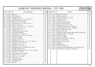 Chassi ............................................................................
Torre giratória .................................................................
Tampa superior ..............................................................
Parafuso sext. 3/4" x 2.1/2" UNC G.5 .............................
Arruela de pressão de 3/4" .............................................
Porca sext. de 3/4" UNC ................................................
Arruela lisa de 1/4" x 69 x 25 mm ..................................
Lança do guincho ...........................................................
Pino c/ red. c/ rosca 1.1/2" x 180 mm ............................
Porca castelo de 1.1/2" ..................................................
Cupilha de 1/4" x 3" ........................................................
Suporte fixação da cruzeta ............................................
Cruzeta do guincho ........................................................
Pino de 1.1/2" x 140 mm ................................................
Arruela lisa de 3/16" x 38,5 x 66 mm ..............................
Suporte de apoio ............................................................
Pino L ¾" x 100mm ................................................................
Cupilha 3/16" x 1.½" ......................................................
Cilindro hidráulico de 3.1/2" x 2" x 1025 mm ..................
Pino de 1.1/4" x 100 mm ................................................
Cupilha de 3/16" x 3" ......................................................
Pino de 1.1/8" x 115 mm ................................................
Mangueira hid. 3/8" x 2000 1TCG 1TRF .........................
Engate rápido macho .....................................................
Cilindro hidráulico de 3.1/2" x 1.1/2" x 190 mm ..............
Pino de 1" x 70 mm ........................................................
Trava argola 5/16" x 50 mm ...........................................
Pino de 1.1/4" x 155 mm ................................................
Pino de 1" x 148 mm ......................................................
Cubo da roda..................................................................
Rolamento 32210 ...........................................................
Retentor 5346.................................................................
Tampa ............................................................................
27.017-1
11.026-1
25.037-1
13.657-1
13.055-1
13.083-2
11.025-1
25.628-1
25.113-1
27.034-1
25.643-2
17.602-1
13-077-1
25.614-2
15.009-1
13.074-1
25.625-2
25.094-0
11.009-0
17.605-1
22.606-1
25.095-1
13.103-2
35.604-1
TODOSCÓDIGO DESCRIMINAÇÃO CÓDIGO CÓDIGOITEM ITEM
13.072-1
29.043-1
29.044-1
25.605-1
11.009-0
25.008-0
11.031-1
21.006-1
25.099-1
25.100-1
13.655-1
28.019-1
13.073-1
25.101-1
11.032-1
28.018-1
25.102-1
13.657-3
13.025-4
25.103-1
13.657-1
25.108.1
22.016-1
15.613-1
13.025-3
25.105-1
29.606-1
25.109-1
25.108.1
13.084-1
27.015-1
27.026-1
29.030-1
01
01
01
04
04
04
01
01
02
02
02
01
01
01
01
01
01
01
01
01
02
01
04
04
01
01
03
01
01
02
02
02
02
34
35
36
37
38
39
40
41
42
43
44
45
46
47
48
49
50
51
52
53
54
55
56
57
01
02
03
04
05
06
07
08
09
10
11
12
13
14
15
16
17
18
19
20
21
22
23
24
25
26
27
28
29
30
31
32
33
GUINCHO TRASEIRO INRODA - GTI 1200
Rolamento 30.207 ..........................................................
Arruela com trava ...........................................................
Porca castelo de 1.1/4" UNF ........................................
Cupilha de 3/16" x 3" .....................................................
Calota do cubo ..............................................................
Cubo da roda completo .................................................
Arruela de pressão 3/8" .................................................
Parafuso sext 3/8" x 3/4" RT .........................................
Presilha de fixação de 2 mangueiras ............................
Roda completa 7.50 x 16 - 10 lonas..............................
Porca cônica de 5/8" UNF .............................................
Graxeira 1/8" BSP .........................................................
Chapa de engate auxiliar (opcional para tratores MF) ...
Parafuso de 5/8" x 1.3/4" UNF .......................................
Eixo com frange ............................................................
Cruzeta completa..........................................................
Parafuso sext 3/4" x 2" UNF 8.8 ....................................
Porca sext 3/4" UNF ......................................................
Arruela de pressão 3/4" .................................................
Gancho..........................................................................
Manilha 2 ton .................................................................
Porca sext 3/8" UNC .....................................................
Caçamba traseira INRODA CTI 500 ( Opcional ) ........
Kit válvula de segurança ( Opcional ) ..........................
TODOS
02
02
02
02
02
02
04
04
04
02
10
04
02
05
02
01
08
08
08
01
01
01
01
01
15
 