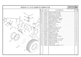 CÓDIGO DESCRIMINAÇÃOITEM
7
TODOS
RODA 11-L15 E GARFO COMPLETA
01
02
03
04
05
06
07
08
09
10
11
12
13
14
15
16
17
18
19
20
21
22
23
24
25
26
27
Garfo de fixação da roda ..............................................
Pneus 11-L15 x 12 lonas ..............................................
Camara de ar PA –15/16 .............................................
Roda agrícola 2223/15100 ...........................................
Bucha do gira da roda ..................................................
Pino c redonda 7/8" x 68mm .......................................
Trava argola 5/16" x 50mm .........................................
Rolamento 3920/84 ......................................................
Bucha 38,5 x 74 x 20mm .............................................
Retentor 5573..............................................................
Porca castelo 1. ½"......................................................
Cupilha ¼" x 3" .............................................................
Parafuso sext 5/8" x 2" NC ...........................................
Arruela de pressão 5/8" ................................................
Porca sext 5/8" NC......................................................
Porca castelo 1" UNF ...................................................
Cupilha 3/16" x 3" ........................................................
Trava tipo L do eixo.......................................................
Retentor 2580 BAG ......................................................
Bucha 25,5 x 43,5 x 20mm ..........................................
Rolamento 6206 ...........................................................
Parafuso sext 5/8" x 1. ¾" UNF ....................................
Porca sext cônica 5/8" UNF ........................................
Graxeira 1/8" BSP ........................................................
Cubo da roda 11-L15 ....................................................
Eixo da roda .................................................................
Cubo da roda completo 11-L15 ....................................
17.076-1
25.600-3
13.685-3
27.014-3
12.062-1
25.110-1
29.606-1
27.621-1
12.013-1
27.603-2
25.100-1
13.655-1
25.614-1
11.018-A
25.019-A
25.002-0
13.657-1
29.020-1
27.603-4
12.063-1
27.618-2
25.614-2
25.643-2
17.602-1
13.085-1
15.010-1
13.085-2
01
01
01
01
01
01
01
02
01
02
01
01
06
06
06
02
02
02
02
02
04
06
06
02
01
01
01
01
02
03
04
05
06
07
08
08
09
10
11
12
13
14
15
16 17
18
21
21
19
20 24
24
22
23
26 25
10
27
18
16
17
19
20
21
 