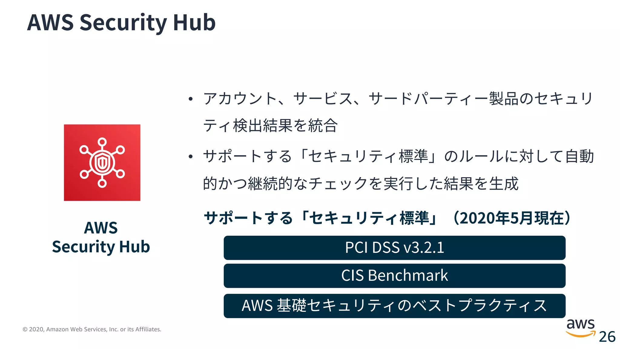© 2020, Amazon Web Services, Inc. or its Affiliates.
26
AWS Security Hub
AWS
Security Hub
• アカウント、サービス、サードパーティー製品のセキュリ
ティ検出結果を統合
• サポートする「セキュリティ標準」のルールに対して⾃動
的かつ継続的なチェックを実⾏した結果を⽣成
PCI DSS v3.2.1
CIS Benchmark
AWS 基礎セキュリティのベストプラクティス
サポートする「セキュリティ標準」（2020年5⽉現在）
 