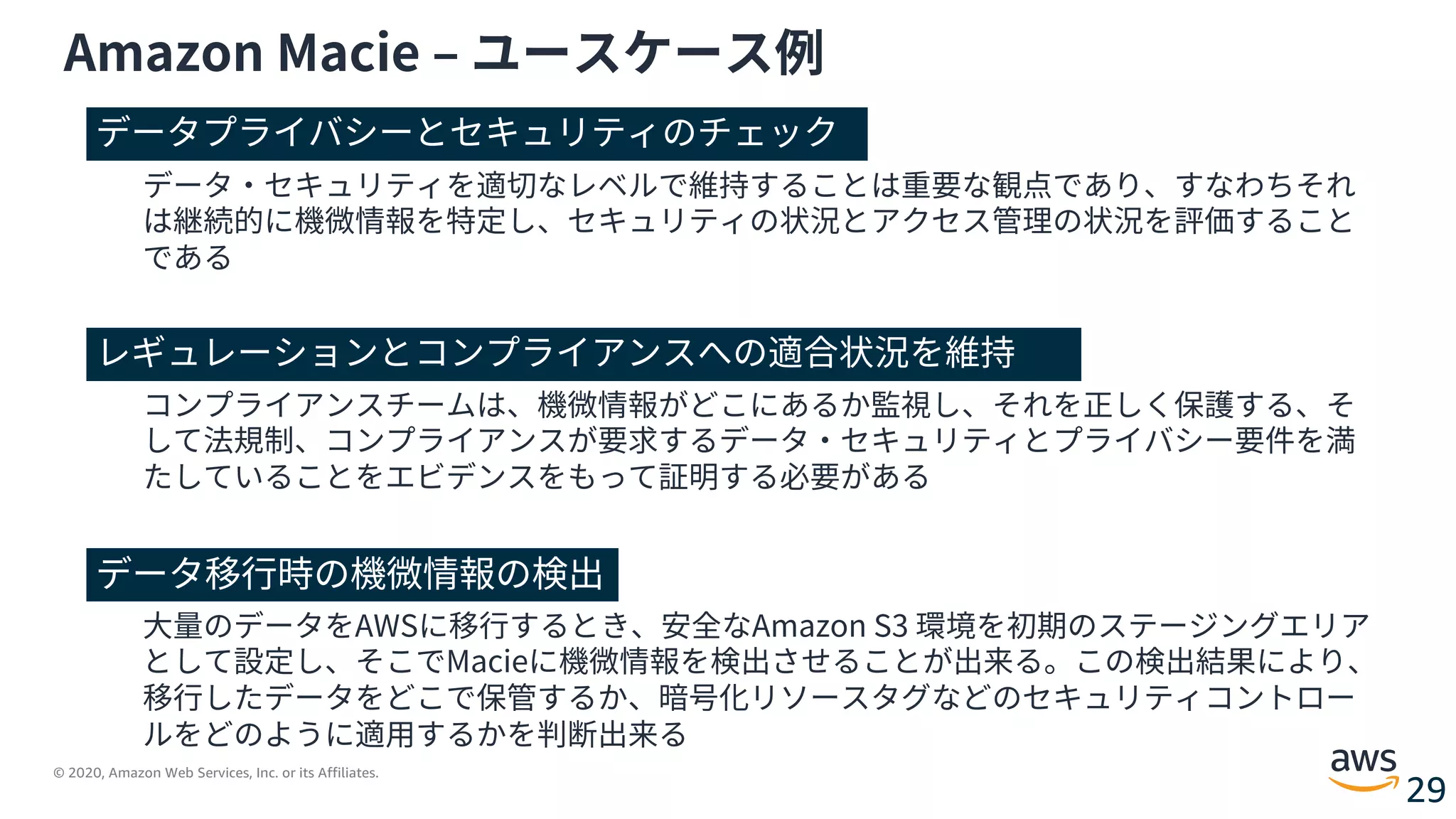 © 2020, Amazon Web Services, Inc. or its Affiliates.
29
Amazon Macie ‒ ユースケース例
データプライバシーとセキュリティのチェック
データ・セキュリティを適切なレベルで維持することは重要な観点であり、すなわちそれ
は継続的に機微情報を特定し、セキュリティの状況とアクセス管理の状況を評価すること
である
レギュレーションとコンプライアンスへの適合状況を維持
コンプライアンスチームは、機微情報がどこにあるか監視し、それを正しく保護する、そ
して法規制、コンプライアンスが要求するデータ・セキュリティとプライバシー要件を満
たしていることをエビデンスをもって証明する必要がある
⼤量のデータをAWSに移⾏するとき、安全なAmazon S3 環境を初期のステージングエリア
として設定し、そこでMacieに機微情報を検出させることが出来る。この検出結果により、
移⾏したデータをどこで保管するか、暗号化リソースタグなどのセキュリティコントロー
ルをどのように適⽤するかを判断出来る
データ移⾏時の機微情報の検出
 