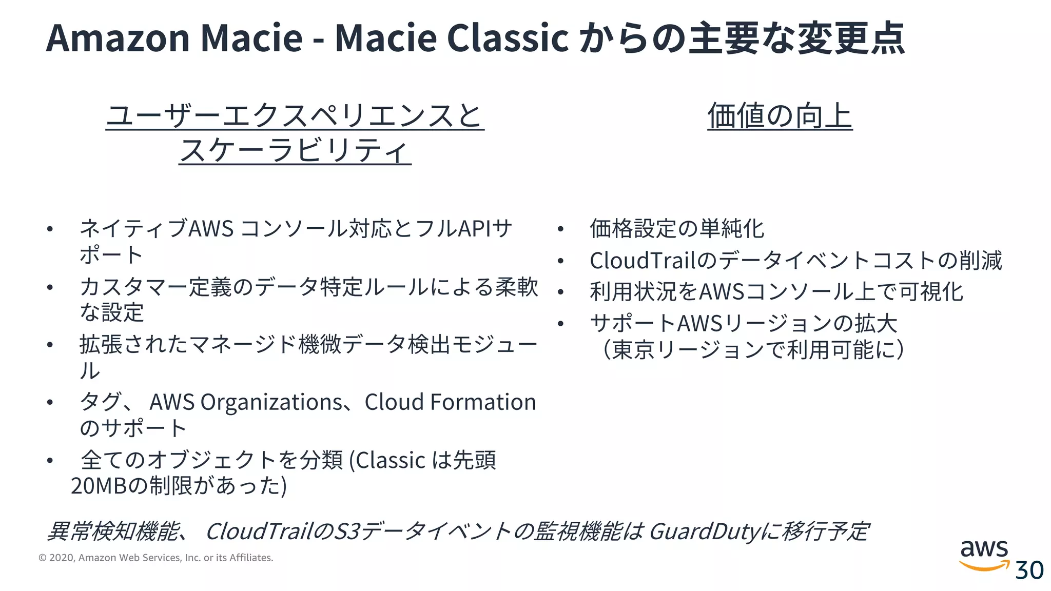© 2020, Amazon Web Services, Inc. or its Affiliates.
30
Amazon Macie - Macie Classic からの主要な変更点
ユーザーエクスペリエンスと
スケーラビリティ
• ネイティブAWS コンソール対応とフルAPIサ
ポート
• カスタマー定義のデータ特定ルールによる柔軟
な設定
• 拡張されたマネージド機微データ検出モジュー
ル
• タグ、 AWS Organizations、Cloud Formation
のサポート
• 全てのオブジェクトを分類 (Classic は先頭
20MBの制限があった)
価値の向上
• 価格設定の単純化
• CloudTrailのデータイベントコストの削減
• 利⽤状況をAWSコンソール上で可視化
• サポートAWSリージョンの拡⼤
（東京リージョンで利⽤可能に）
異常検知機能、 CloudTrailのS3データイベントの監視機能は GuardDutyに移⾏予定
 
