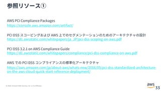 © 2020, Amazon Web Services, Inc. or its Affiliates.
33
参照リソース①
AWS PCI Compliance Packages
https://console.aws.amazon.com/artifact/
PCI DSS スコーピングおよび AWS 上でのセグメンテーションのためのアーキテクチャの設計
https://d1.awsstatic.com/whitepapers/ja_JP/pci-dss-scoping-on-aws.pdf
PCI DSS 3.2.1 on AWS Compliance Guide
https://d1.awsstatic.com/whitepapers/compliance/pci-dss-compliance-on-aws.pdf
AWS での PCI DSS コンプライアンスの標準化アーキテクチャ
https://aws.amazon.com/jp/about-aws/whats-new/2016/05/pci-dss-standardized-architecture-
on-the-aws-cloud-quick-start-reference-deployment/
 