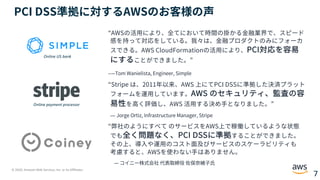 © 2020, Amazon Web Services, Inc. or its Affiliates.
7
PCI DSS準拠に対するAWSのお客様の声
“AWSの活⽤により、全てにおいて時間の掛かる⾦融業界で、スピード
感を持って対応をしている。我々は、⾦融プロダクトのみにフォーカ
スできる。AWS CloudFormationの活⽤により、PCI対応を容易
にすることができました。”
‒—Tom Wanielista, Engineer, Simple
“Stripe は、2011年以来、AWS 上にてPCI DSSに準拠した決済プラット
フォームを運⽤しています。AWS のセキュリティ、監査の容
易性を⾼く評価し、AWS 活⽤する決め⼿となりました。”
— Jorge Ortiz, Infrastructure Manager, Stripe
“弊社のようにすべて のサービスをAWS上で稼働しているような状態
でも全く問題なく、PCI DSSに準拠することができました。
その上、導⼊や運⽤のコスト⾯及びサービスのスケーラビリティも
考慮すると、AWSを使わない⼿はありません。
— コイニー株式会社 代表取締役 佐俣奈緒⼦⽒
Online payment processor
Online US bank
 