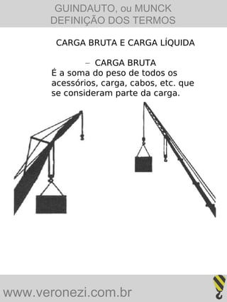GUINDAUTO, ou MUNCK
      DEFINIÇÃO DOS TERMOS

        CARGA BRUTA E CARGA LÍQUIDA

               – CARGA BRUTA
       É a soma do peso de todos os
       acessórios, carga, cabos, etc. que
       se consideram parte da carga.




www.veronezi.com.br
 