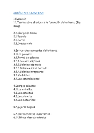 GUIÓN DEL UNIVERSO

1.Evolución
1.1.Teoría sobre el origen y la formación del universo (Big
Bang)

2.Descripción física
2.1.Tamaño
2.2.Forma
2.3.Composición

3.Estructuras agregadas del universo
3.1.Las galaxias
3.2.Forma de galaxias
3.2.1.Galaxias elípticas
3.2.2.Galaxias espirales
3.2.3.Galaxia espiral barrada
3.2.4.Galaxias irregulares
3.3.Vía Láctea
3.4.Las constelaciones

4.Cuerpos celestes
4.1.Las estrellas
4.2.Los satélites
4.3.Los planetas
4.4.Los meteoritos

5.Agujeros negros

6.Acontecimientos importantes
6.1.Últimos descubrimientos
 