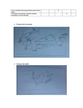Usa y combina formas geométricas para formar
otras.
*
Crea figuras simétricas mediante doblado,
recortado y uso de retículas.
*
 Croquis de la escuela
 Croquis del salón
 