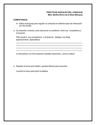 PRÁCTICAS SOCIALES DEL LENGUAJE
Mtra. Bertha Elvira de la Rosa Márquez
COMPETENCIA:
Utiliza el lenguaje para regular su conducta en distintos tipos de interacción
con los demás.
 Su reacción y manera para solucionar un problema entre sus compañeros y
el docente:
Pide ayuda a sus compañeros o al docente, dialoga o se dirige
agresivamente. (Ejemplifica)
_______________________________________________________________
_______________________________________________________________
_______________________________________________________________
_______________________________________________________________
La educadora o el niño proponen posibles soluciones: ¿Como cuáles?
 Respeta el turno para hablar y guarda silencio para escuchar:
Levanta la mano para pedir la palabra
 