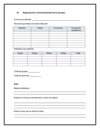 III. Organización y funcionamiento de la escuela:
Turnos que atiende: ____________________________________________
Personal que labora en esta institución:
Nombre Cargo Funciones Formación
académica
Población que atiende:
Grado Grupo Niños Niñas Total
Total de grupos: __________
Total de alumnos: __________
Aula
Material didáctico:
__________________________________________________________________
__________________________________________________________________
Estado en el que se encuentran y como se utilizan
__________________________________________________________________
__________________________________________________________________
__________________________________________________________________
Áreas en las que se divide el aula:
__________________________________________________________________
__________________________________________________________________
 