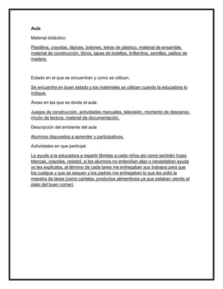 Aula
Material didáctico:
Plastilina, crayolas, lápices, botones, letras de plástico, material de ensamble,
material de construcción, libros, tapas de botellas, brillantina, semillas, palitos de
madera.
Estado en el que se encuentran y como se utilizan.
Se encuentra en buen estado y los materiales se utilizan cuando la educadora lo
indique.
Áreas en las que se divide el aula:
Juegos de construcción, actividades manuales, televisión, momento de descanso,
rincón de lectura, material de documentación.
Descripción del ambiente del aula
Alumnos dispuestos a aprender y participativos.
Actividades en que participé:
Le ayude a la educadora a repartir libretas a cada niños así como también hojas
blancas, crayolas, resistol, si los alumnos no entendían algo o necesitaban ayuda
yo les explicaba, al término de cada tarea me entregaban sus trabajos para que
los cuelgue y que se sequen y los padres me entregaban lo que les pidió la
maestra de tarea (como carteles, productos alimenticios ya que estaban viendo el
plato del buen comer)
 