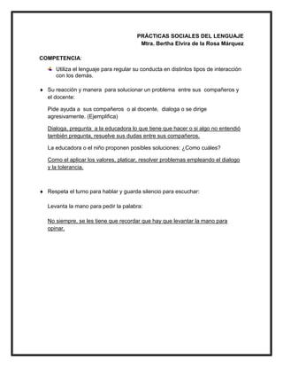 PRÁCTICAS SOCIALES DEL LENGUAJE
Mtra. Bertha Elvira de la Rosa Márquez
COMPETENCIA:
Utiliza el lenguaje para regular su conducta en distintos tipos de interacción
con los demás.
 Su reacción y manera para solucionar un problema entre sus compañeros y
el docente:
Pide ayuda a sus compañeros o al docente, dialoga o se dirige
agresivamente. (Ejemplifica)
Dialoga, pregunta a la educadora lo que tiene que hacer o si algo no entendió
también pregunta, resuelve sus dudas entre sus compañeros.
La educadora o el niño proponen posibles soluciones: ¿Como cuáles?
Como el aplicar los valores, platicar, resolver problemas empleando el dialogo
y la tolerancia.
 Respeta el turno para hablar y guarda silencio para escuchar:
Levanta la mano para pedir la palabra:
No siempre, se les tiene que recordar que hay que levantar la mano para
opinar.
 