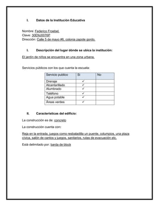 I. Datos de la Institución Educativa
Nombre: Federico Froebel.
Clave: 30ENJ0076P
Dirección: Calle 5 de mayo #6, colonia zapote gordo.
I. Descripción del lugar dónde se ubica la institución:
El jardín de niños se encuentra en una zona urbana.
Servicios públicos con los que cuenta la escuela:
Servicio publico Si No
Drenaje 
Alcantarillado 
Alumbrado 
Teléfono 
Agua potable 
Áreas verdes 
II. Características del edificio:
La construcción es de: concreto
La construcción cuenta con:
Reja en la entrada, juegos como resbaladilla un puente, columpios, una plaza
cívica, salón de cantos y juegos, sanitarios, rutas de evacuación etc.
Está delimitado por: barda de block
 