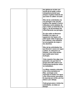 los globos en el aire con
ayuda de la toalla y otros
compañeros tenían que
atrapar el globo tratando de
que este no callera al suelo.
Otra de las actividades era
con jeringas a las que les
quitaron las agujas y fueron
utilizadas como pistolas de
agua, había un bote lleno de
agua, y de ahí tomaban los
niños llenando sus jeringas.
En otro salón se llenaron
botellas con agua, se
agujeraron las tapas y de
este modo salía el agua por
los orificios y las maestras
se encargaban de mojar a
los alumnos.
Otra de las actividades fue
que llenaron vasos con agua
y jabón, le colocaron un
popote, y los niños tenían
que soplar para hacer
burbujas.
Esta maestra hizo algo muy
parecido a lo que hizo mi
grupo pero ella coloco una
colchoneta donde los niños
se resbalaban.
La última maestra colocaba
a los niños sentados en
filas, sumergía unas
esponjas en botes con agua
y los niños tenían que pasar
la esponja por arriba, por los
lados o por debajo.
Cada grupo paso a todas las
actividades, se daba un
tiempo
 