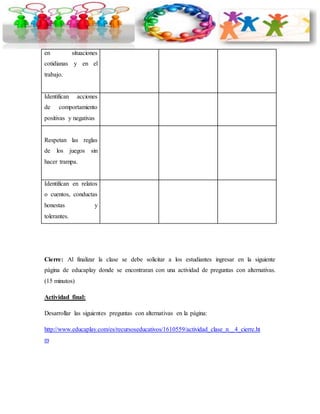 en situaciones 
cotidianas y en el 
trabajo. 
Identifican acciones 
de comportamiento 
positivas y negativas 
Respetan las reglas 
de los juegos sin 
hacer trampa. 
Identifican en relatos 
o cuentos, conductas 
honestas y 
tolerantes. 
Cierre: Al finalizar la clase se debe solicitar a los estudiantes ingresar en la siguiente 
página de educaplay donde se encontraran con una actividad de preguntas con alternativas. 
(15 minutos) 
Actividad final: 
Desarrollar las siguientes preguntas con alternativas en la página: 
http://www.educaplay.com/es/recursoseducativos/1610559/actividad_clase_n__4_cierre.ht 
m 
