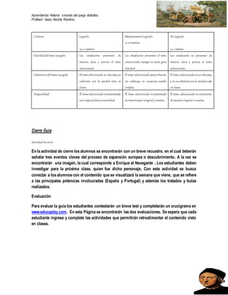 Aprendiendo Historia a través del juego didáctico
Profesor: Isaac Alcorta Ramírez.
Cierre Guía
Actividad de cierre
En la actividad de cierre los alumnos se encontrarán con un breve recuadro, en el cual deberán
señalar tres eventos claves del proceso de expansión europea o descubrimiento. A la vez se
encontrarán una imagen, la cual corresponde a Enrique el Navegante . Los estudiantes deben
investigar para la próxima clase, quien fue dicho personaje. Con esta actividad se busca
conectar a los alumnos con el contenido que se visualizará la semana que viene, que se refiere
a las principales potencias involucradas (España y Portugal) y además los tratados y bulas
realizados.
Evaluación
Para evaluar la guía los estudiantes contestarán un breve test y completarán un crucigrama en
www.educaplay.com. En esta Página se encontrarán las dos evaluaciones. Se espera que cada
estudiante ingrese y complete las actividades que permitirán retroalimentar el contenido visto
en clases.
Criterios Logrado
15 a 11 puntos
Medianamente Logrado
10 a 6puntos
No Logrado
5 a 1 puntos
Claridad del tema escogido Los estudiantes presentan de
manera clara y precisa el tema
seleccionado
Los estudiantes presentan el tema
seleccionado,aunque no existe gran
claridad.
Los estudiantes no presentan de
manera clara y precisa el tema
seleccionado.
Coherencia del tema escogido El tema seleccionado se relacionayes
coherente con la unidad vista en
clases.
El tema seleccionado posee relación,
sin embargo, en ocasiones resulta
confuso.
El tema seleccionado no se relaciona
y no es coherente con la unidad vista
en clases.
Originalidad El tema seleccionado es presentando
con originalidad ycreatividad.
El tema seleccionado es presentado
de manera poco original ycreativa
El tema seleccionado no se presenta
de manera original o creativa.
 